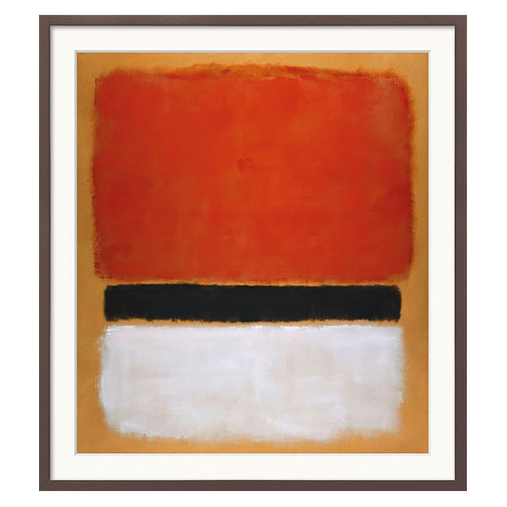 Mark Rothko: Bild „Untitled (Red, Black, White on Yellow)“ (1955), gerahmt – Abstraktes Gemälde mit großen roten, schwarzen und weißen Rechtecken auf gelbem Hintergrund.