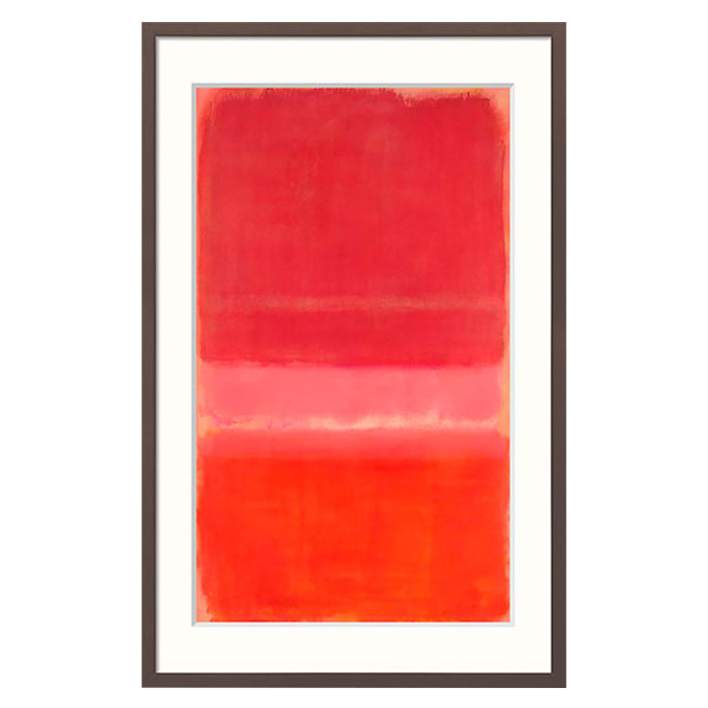 Mark Rothko: Bild „Untitled (Red)“ (1956), gerahmt – abstraktes Gemälde mit großen Flächen in Rot, Pink und Orange, im weißen Passepartout mit dunklem Holzrahmen.