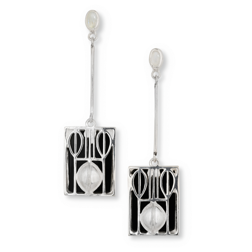 Ohrstecker „Art de Vienne“: Rechteckige geometrische Tropfenohrringe in Silber und Schwarz mit runden weißen Akzenten an den Stiften.