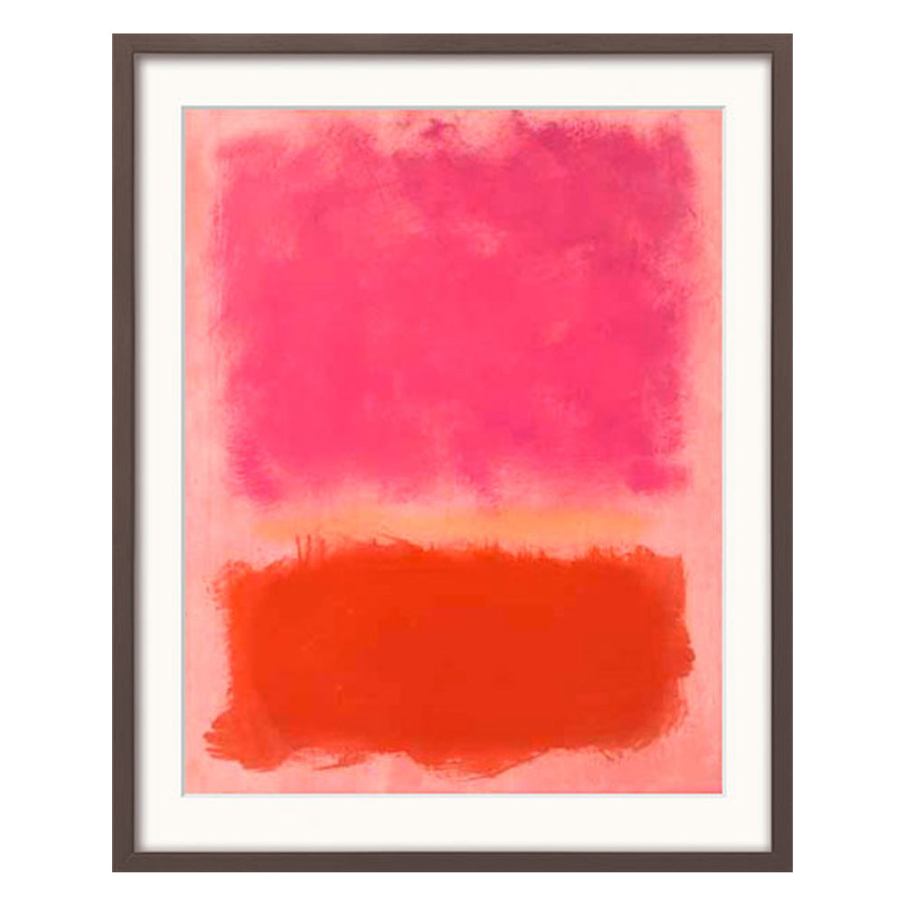 Mark Rothko: Bild „Untitled“ (1958), gerahmt – abstrakte Kunst mit einem großen rosa Block über einem roten Block auf hellem Hintergrund, braun gerahmt.