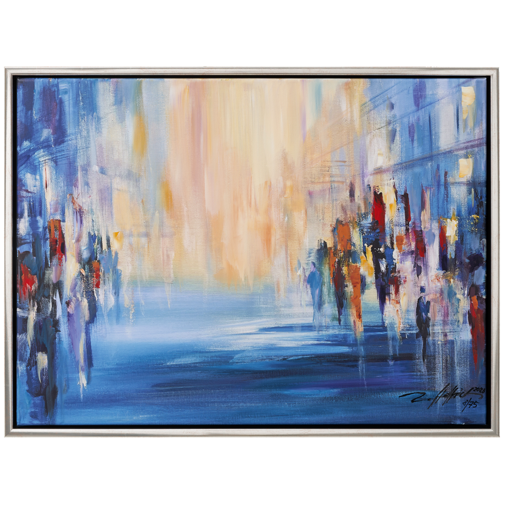 Robert Hettich: Bild „Golden Day – Jubiläums-Edition“ (2022, serielles Unikat), gerahmt – abstraktes Stadtbild mit verschwommenen Figuren und Gebäuden in Blau-, Orange- und Gelbtönen.