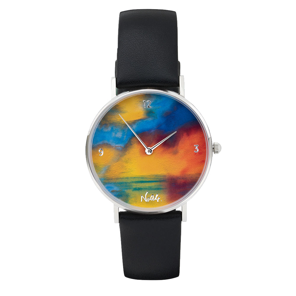 Künstler-Armbanduhr „Emil Nolde – Meer mit zwei kleinen Dampfern (rot, blau und grün)“ mit schwarzem Lederarmband und abstraktem Zifferblatt, inspiriert von Noldes Kunstwerken, mit leuchtenden Rot-, Blau- und Grüntönen.
