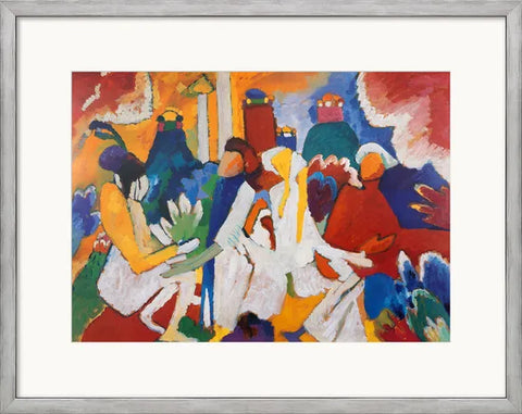 Buntes abstraktes Gemälde von fünf sitzenden Figuren mit lebhaften, kräftigen Formen und einem lebendigen Hintergrund.