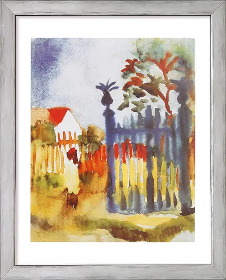 Aquarell eines Hauses, von Bäumen und einem blauen Zaun mit einer Ananas in einem silbernen Rahmen.