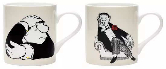 2er-Set weißer Porzellanbecher mit Künstlermotiven: „Der Denker“ und „Herr im Sessel“ (selbstbewusster Mann im Sessel mit roter Rose).