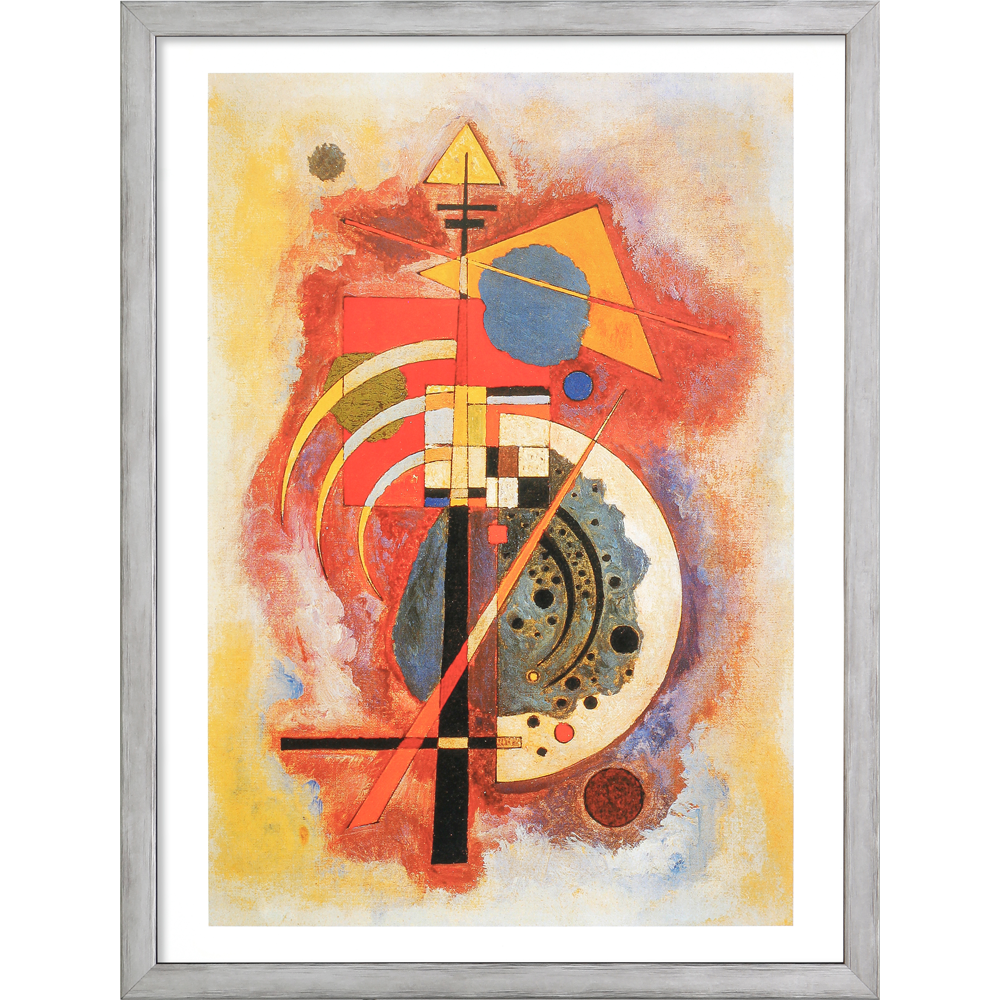 Wassily Kandinsky: 3 Bilder im Set, gerahmt – abstrakte Gemälde mit geometrischen Formen, Linien und Kreisen in Rot, Gelb, Schwarz, Blau und Orange.