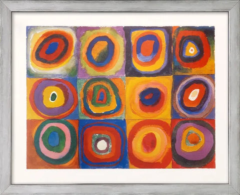 Ein gerahmtes Gemälde mit sechzehn bunten konzentrischen Kreisen, jeder in einem eigenen quadratischen Raster.
