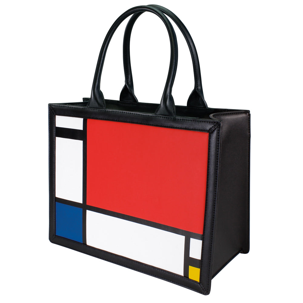 Die Piet Mondrian: Handtasche „Composition II“ ist eine schwarze Handtasche mit einem von Mondrian inspirierten geometrischen Design aus roten, blauen, gelben, weißen und schwarzen Rechtecken.