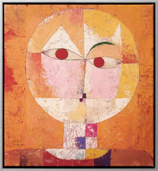 Abstraktes Gemälde „Senecio (Baldgreis)“ von Paul Klee, 1922: ein Gesicht mit geometrischen Formen und warmen Farben, großen roten Augen und einem rosa Hintergrund.
