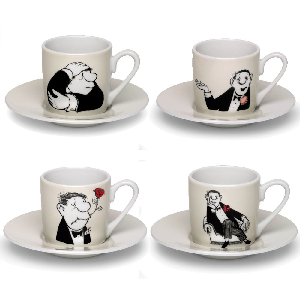 Set aus vier Espressotassen und Untertassen aus weißem Porzellan von Loriot, jede mit einem einzigartigen schwarz-weißen Cartoon-Männchen mit einer roten Rose.