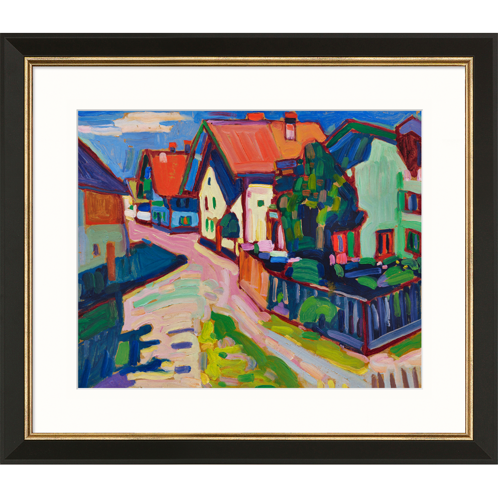 Wassily Kandinsky: Bild „Murnau“ (1908) zeigt farbenfrohe Häuser und Bäume im expressiven Stil, schwarz-goldfarben gerahmt.