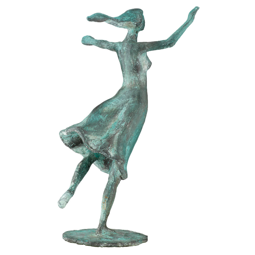 Bronzeskulptur „Jugend“ von Gerhard Brandes in grüner Patina: zeigt eine tanzende Frau mit wallendem Kleid, erhobenen Armen, auf einem Bein stehend.
