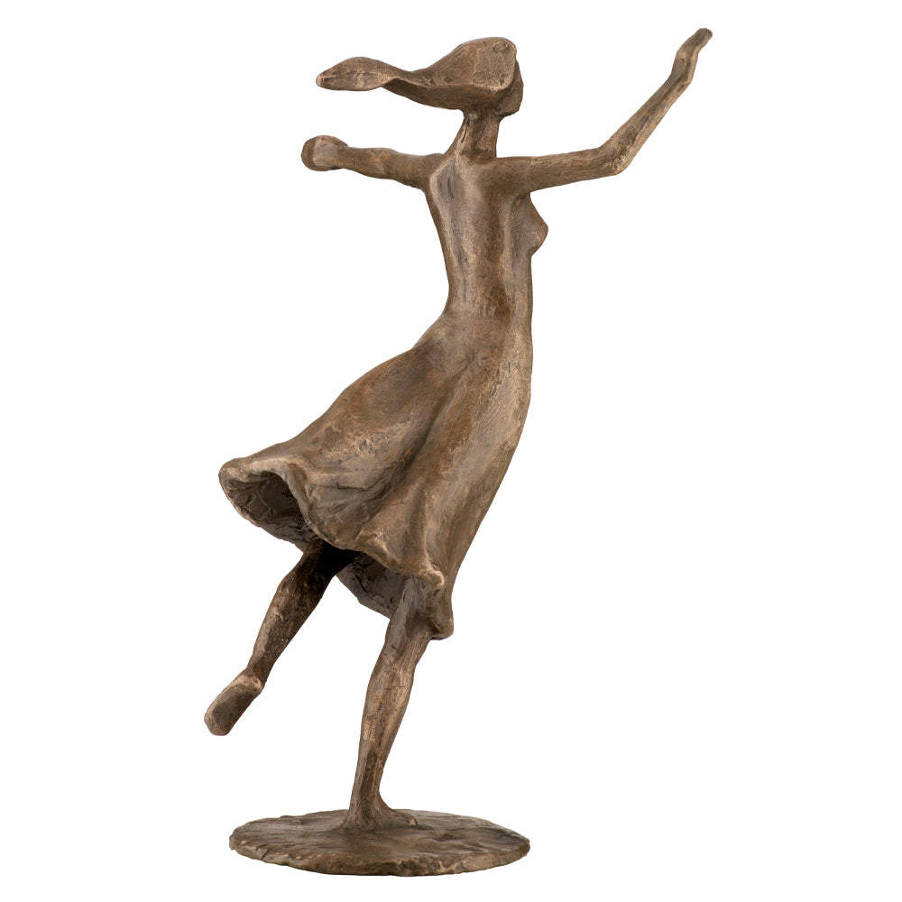 Bronzeskulptur "Jugend" von Gerhard Brandes: Dargestellt ist eine tanzende Frau in wallendem Kleid, die Arme erhoben, ein Bein angehoben. Ausführung in Braunbronze.