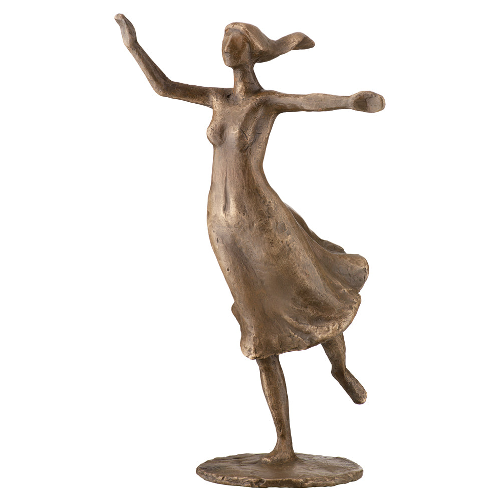 Bronzeskulptur „Jugend“ von Gerhard Brandes, die eine tanzende Frau mit erhobenen Armen und wallendem Kleid darstellt, die auf einem Bein balanciert.