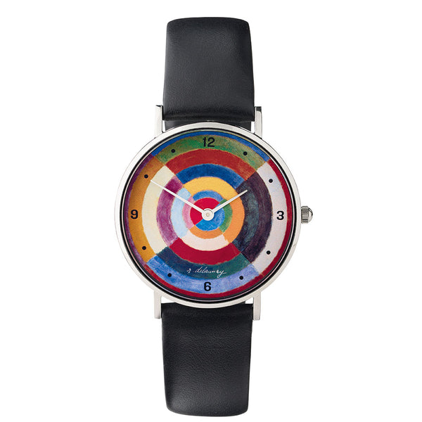 Die Künstler-Armbanduhr Delaunay: „Disque (Le Premier Disque)“ verfügt über ein schwarzes Lederarmband und ein Zifferblatt, das mit einem lebendigen konzentrischen Kreisdesign verziert ist.
