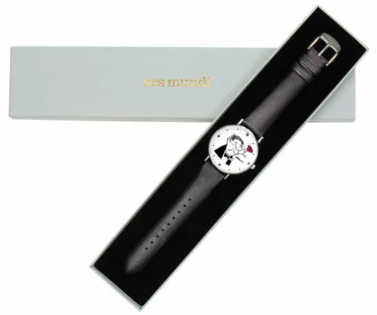 Die Künstler-Armbanduhr „Loriot – Der Rosenkavalier“ ist eine schwarze Lederarmbanduhr mit Cartoon-Zifferblatt, präsentiert in einer grauen Ars-Mundi-Box.