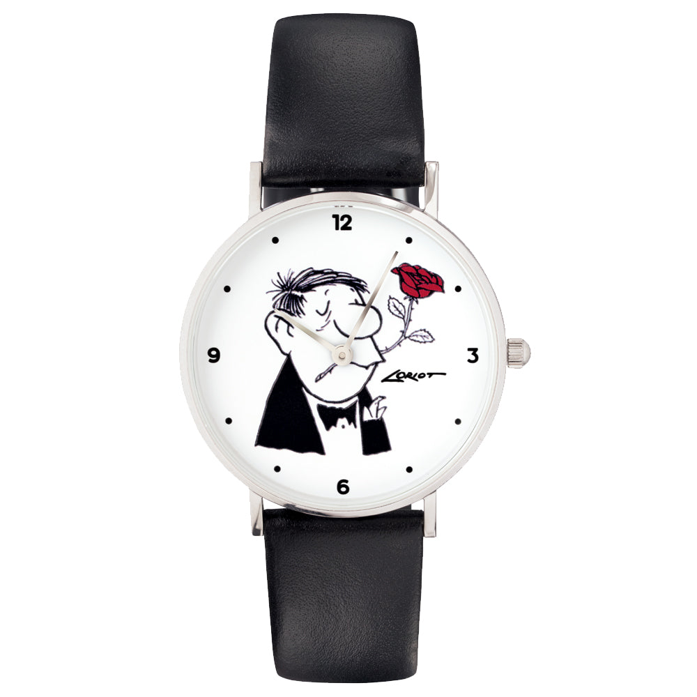 Die Künstler-Armbanduhr „Loriot – Der Rosenkavalier“ zeigt einen Cartoon-Mann, der an einer roten Rose riecht, auf einem weißen Zifferblatt und wird mit einem schwarzen Lederarmband geliefert.