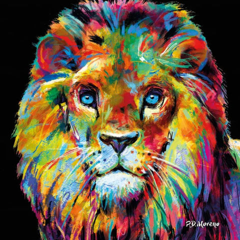 Buntes, abstraktes Gemälde eines Löwen mit leuchtend blauen Augen vor einem schwarzen Hintergrund.