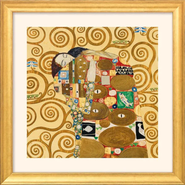 Ein Paar umarmt sich in einem goldenen, gemusterten Design mit wirbelnden Formen, inspiriert von Gustav Klimts Kunststil.