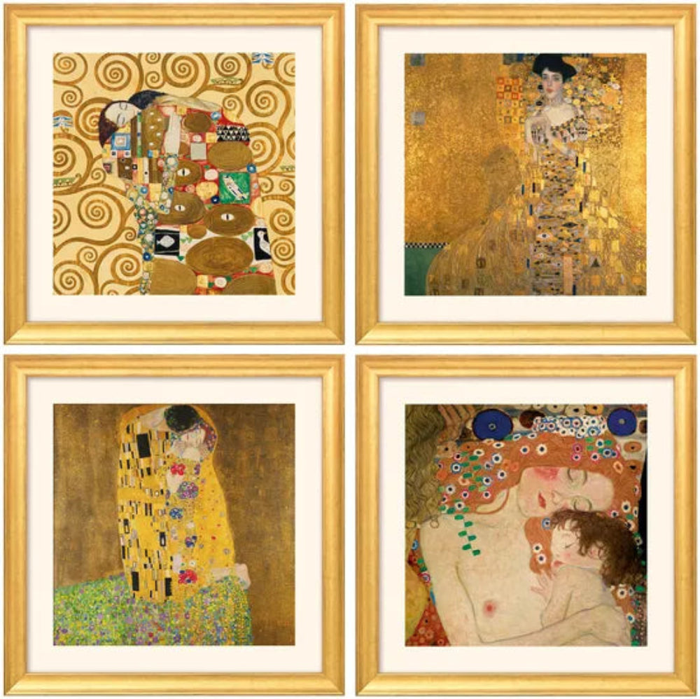 Vier gerahmte Gustav Klimt-Gemälde, jedes mit Goldtönen und komplizierten, gemusterten Details.