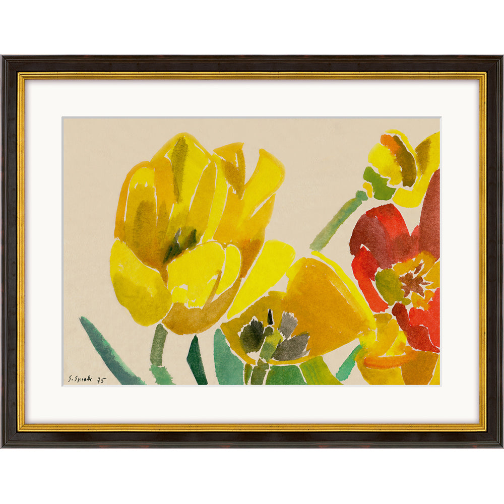 Aquarell „Im Garten meiner Mutter II“ (1975) von Siegward Sprotte mit gelben und roten Tulpen mit grünen Stielen, präsentiert in einem schwarz-goldenen Rahmen.