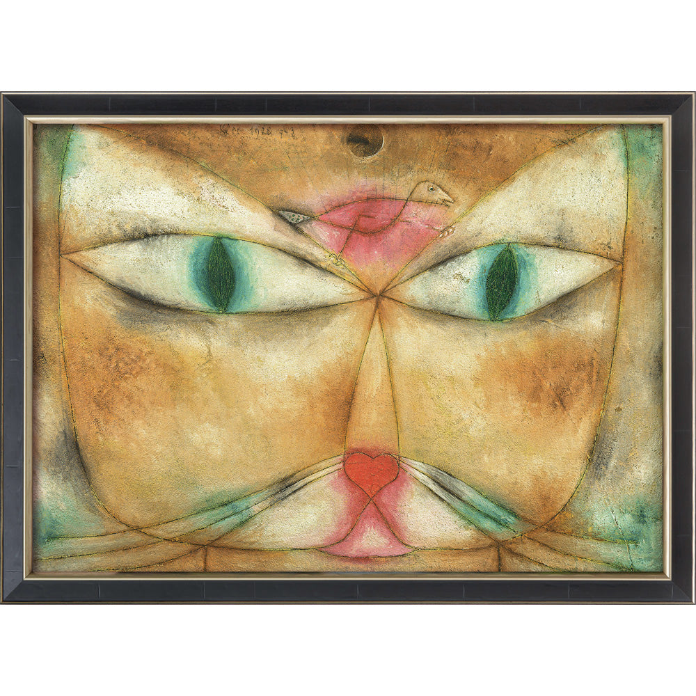 Paul Klees „Katze und Vogel“ (1928) zeigt ein abstraktes Katzengesicht mit einem rosa Vogel über der Nase, dargestellt in Erdtönen und geometrischen Formen.