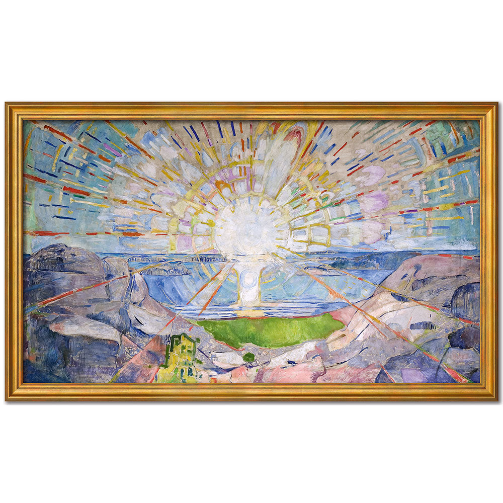 Edvard Munchs „Die Sonne“, Version goldfarben gerahmt, zeigt eine strahlende Sonne über felsigem Gelände, ein kleines grünes Feld und fernes blaues Wasser.