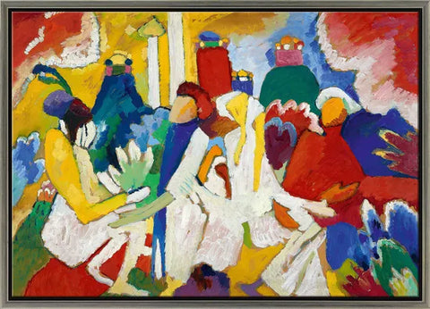 Buntes abstraktes Gemälde mit lebendigen Formen und Figuren in kräftigen Rot-, Blau-, Gelb- und Weißtönen.