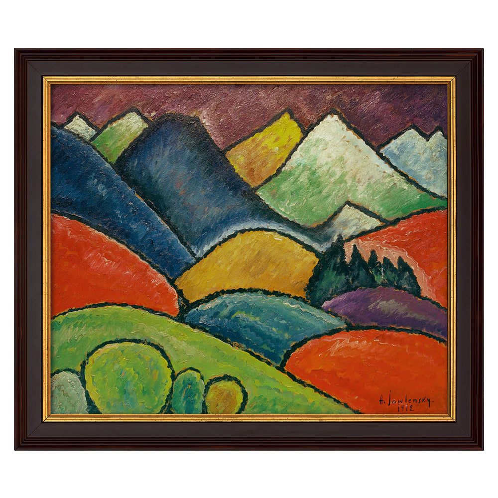 Alexej von Jawlensky: Bild „Schneeberge Oberstdorf“ (1912), gerahmt – eine farbenfrohe abstrakte Berglandschaft mit kräftigen, lebendigen Formen und ausdrucksstarken Pinselstrichen.