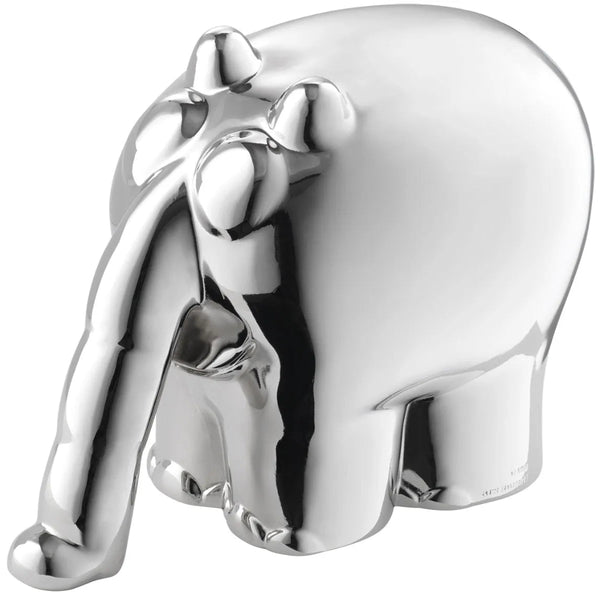 Eine glänzende, stilisierte silberne Elefantenskulptur mit glatten, abgerundeten Zügen.
