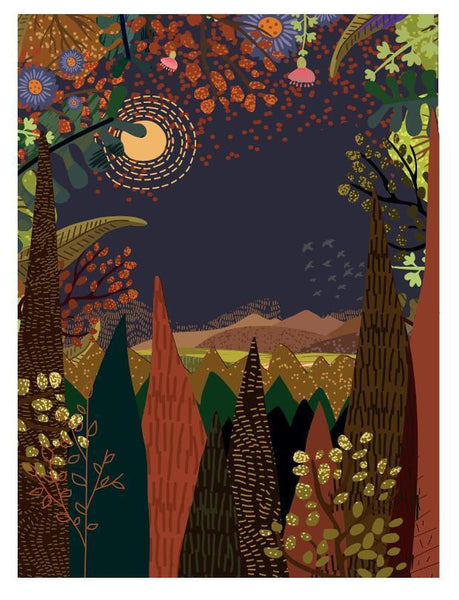 Bunte, abstrakte Waldszene bei Nacht mit Vollmond und Bergen im Hintergrund.