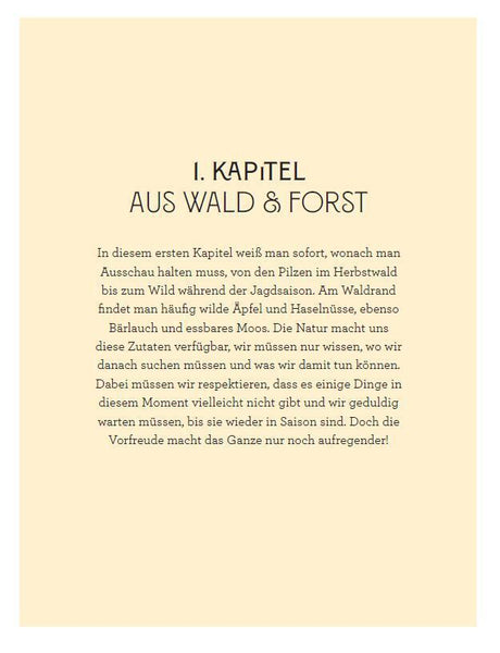 Text auf cremefarbenem Hintergrund mit dem Titel "Aus Wald & Forst" und einem Absatz über Lebensmittel aus dem Wald.