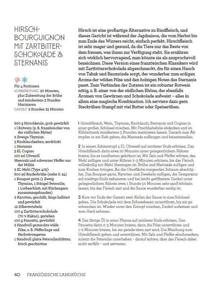 Rezepttextseite für Hirsch-Bourguignon mit Zartbitterschokolade, auf Deutsch, mit Zutatenliste und Zubereitungsschritten.