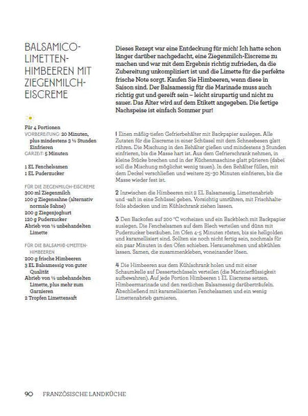 Rezeptseite in Deutsch für Balsamico-Limetten-Himbeeren mit Ziegenmilcheis, in schwarz-weißem Layout.