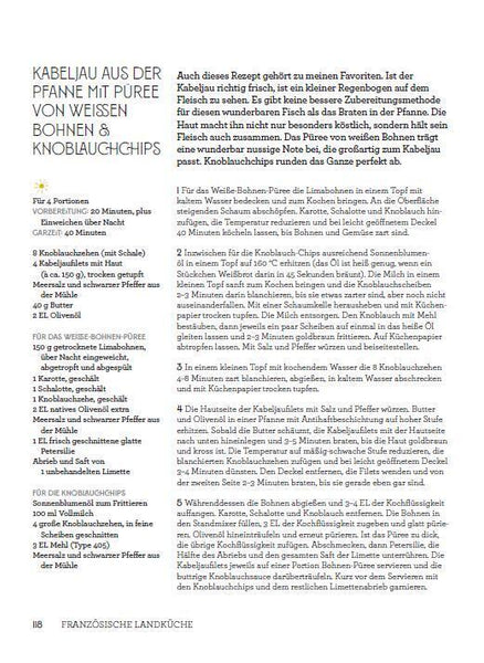 Seite aus einem deutschen Kochbuch mit einem Kabeljau-Rezept, Zutatenliste und Zubereitungsanleitung.