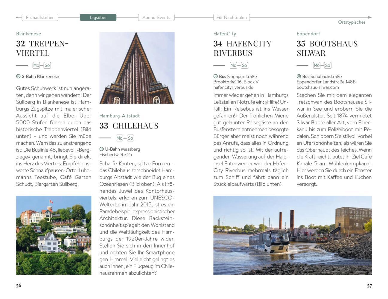 Eine Reiseführerseite mit nummerierten Einträgen, Textbeschreibungen und kleinen Fotos von Wahrzeichen und Gebäuden der Stadt.