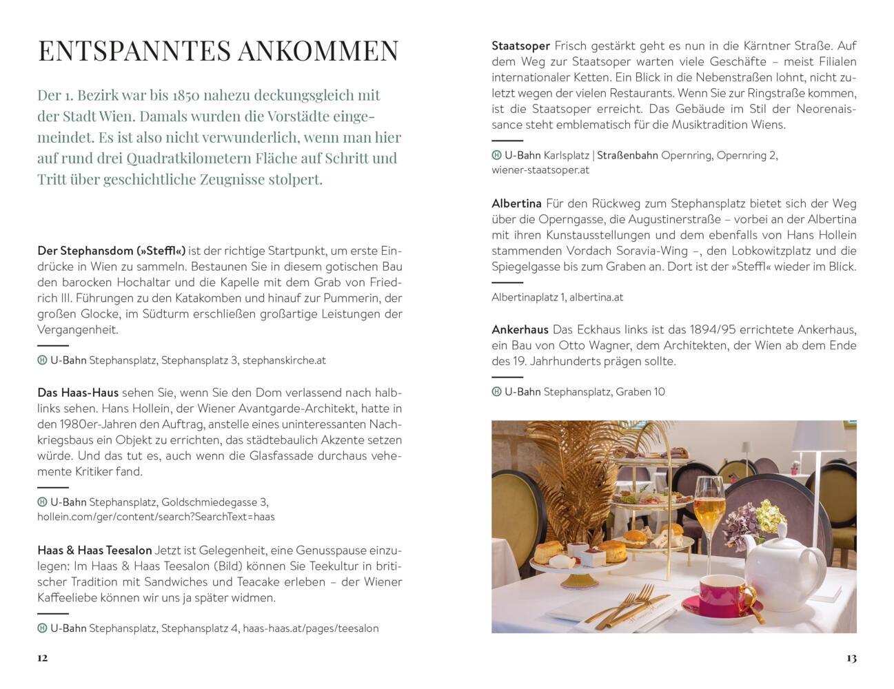 Eine deutschsprachige Magazinseite mit Text und zwei kleinen Fotos von Wiener Restaurants und ihren Gerichten.