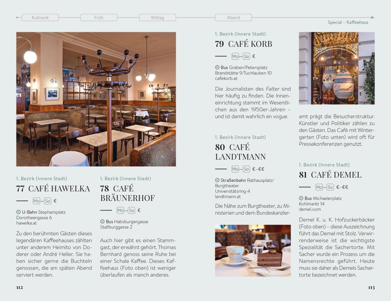 Zweiseitiger Restaurantführer mit Fotos, Beschreibungen und Details zu Cafés in Wien.