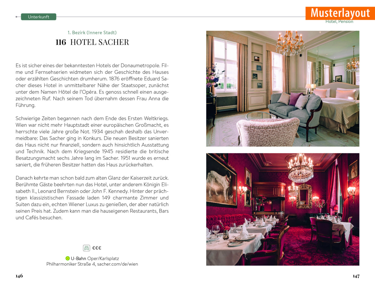 Elegantes Hotelinterieur mit kunstvollem Dekor, Kronleuchtern und einem Fine-Dining-Restaurant mit gedeckten Tischen und roten Stühlen.