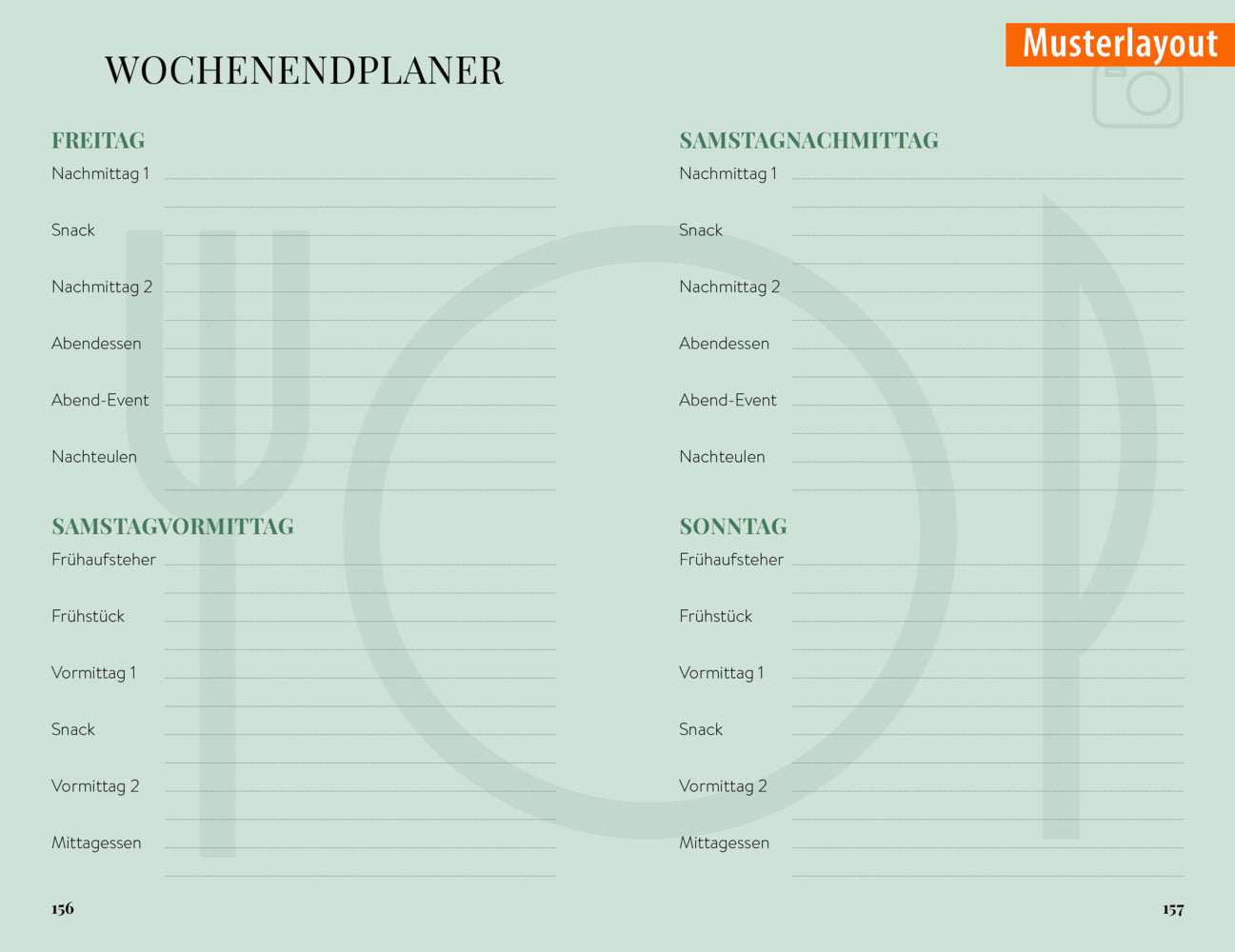 Wochenendplaner-Vorlage mit Abschnitten für Mahlzeiten und Snacks für Freitag, Samstag und Sonntag auf einem hellgrünen Hintergrund.