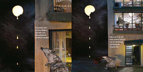 Ein schmelzender Mond tropft in den Nachthimmel, während ein Tier auf einem Balkon nach oben schaut und ein anderes die Tropfen in einem Eimer sammelt.