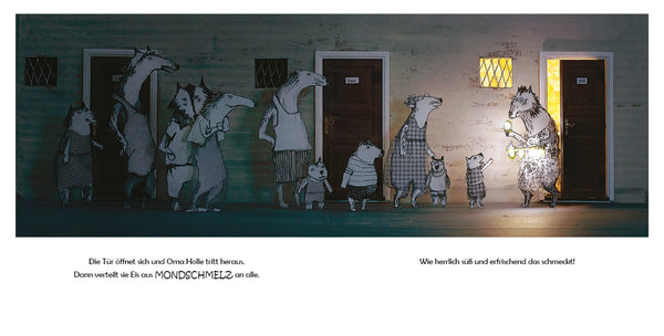Illustration von Tierfiguren in Pyjamas vor Türen, die von einem älteren Tier leuchtende Leckereien erhalten.