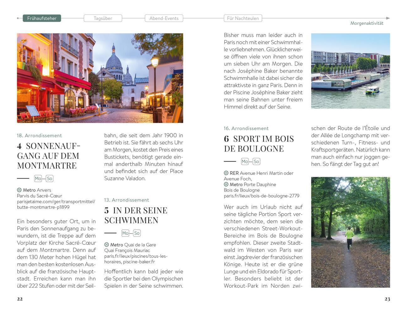 Ein Reiseführer mit Fotos von Montmartre, einem Schwimmbad und Menschen, die auf einem Fluss Boot fahren.