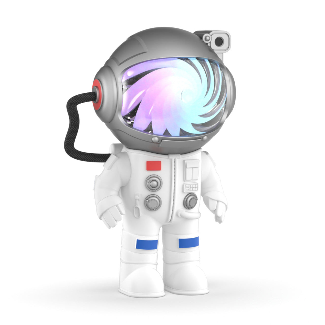 Der Stellar Light – Der neue Milchstraßen-Projektor zeigt einen Cartoon-Astronauten im weißen Raumanzug mit einem farbenfroh wirbelnden Muster auf dem Helmschild.