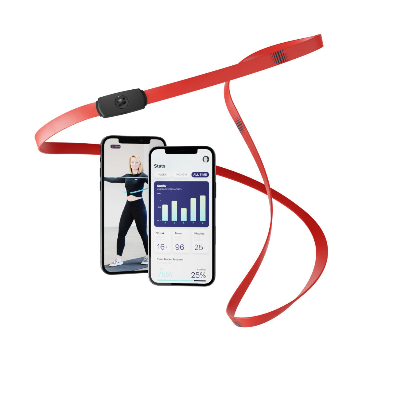 Das Smartes Fitnessband STRAFFR mit App – stark, ein rotes Fitness-Tracker-Armband und ein Smartphone, das Fitnessstatistiken anzeigt, neben einem anderen Telefon, auf dem eine trainierende Frau abgebildet ist.