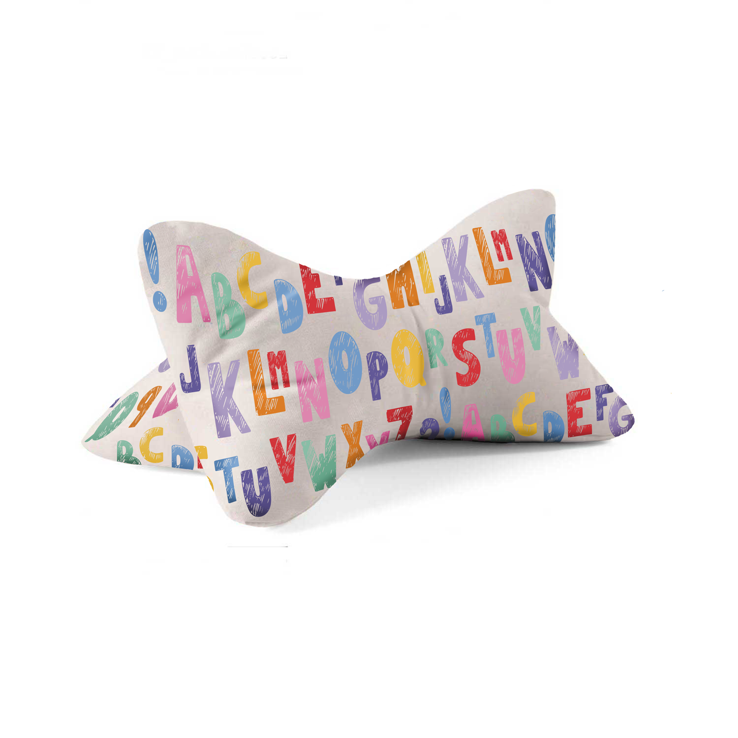 Kissen in Knochenform mit bunten Buchstaben des Alphabets in Großbuchstaben auf einem weißen Hintergrund.