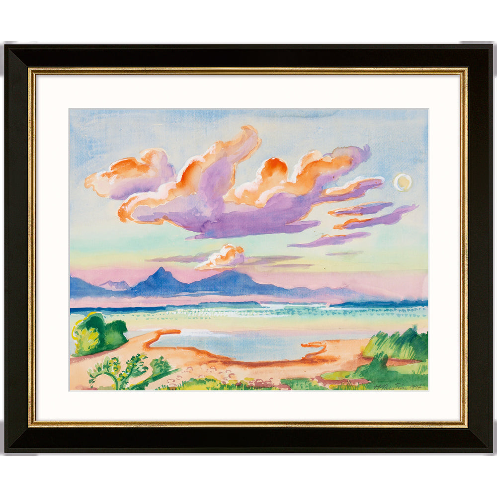 Gerahmtes Gemälde: Max Pechsteins „Die Wolke, Chiemsee“ (1947), leuchtender Sonnenuntergang über Bergen, Wasser und Strand, mit bunten Wolken und Grün; Version mit schwarz-goldenem Rahmen.