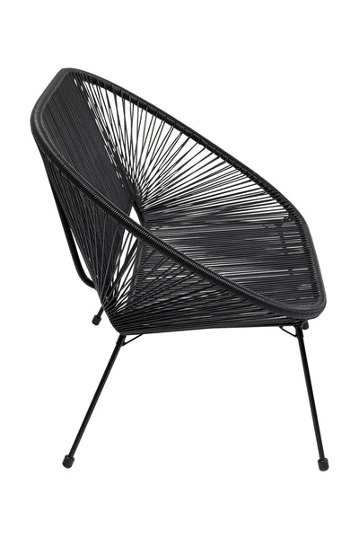 Schwarzer moderne Akzentbank  mit Drahtgestell und abgewinkelten Beinen, von der Seite vor weißem Hintergrund fotografiert.