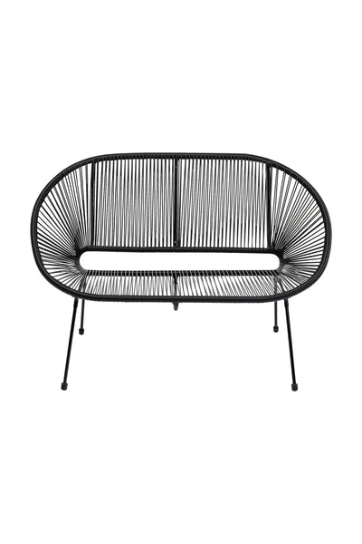 Schwarze Bank mit Drahtgestell aus Metall mit ovaler Rückenlehne und Sitzfläche, die von vier abgewinkelten Beinen getragen wird.