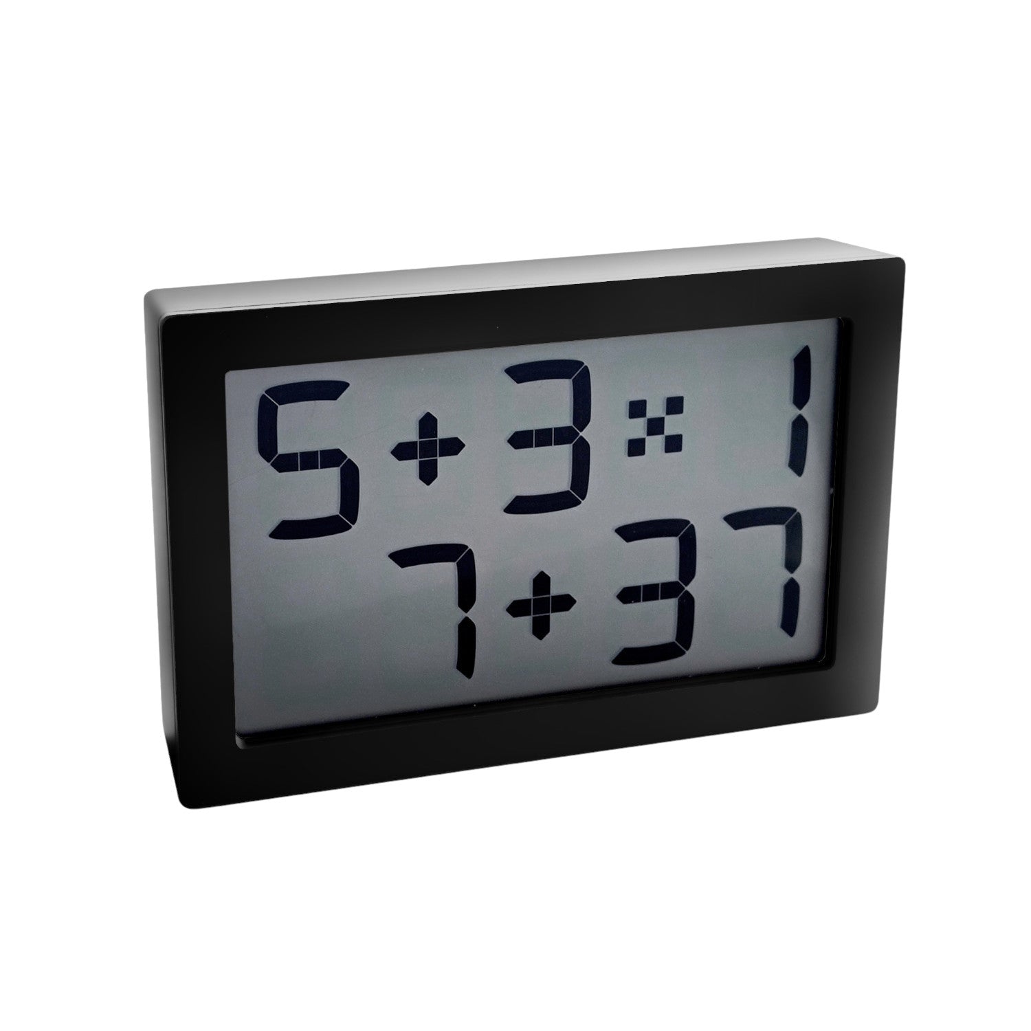 Eine digitale Uhr, die anstelle der Uhrzeit mathematische Gleichungen anzeigt, mit einem schwarzen rechteckigen Rahmen.